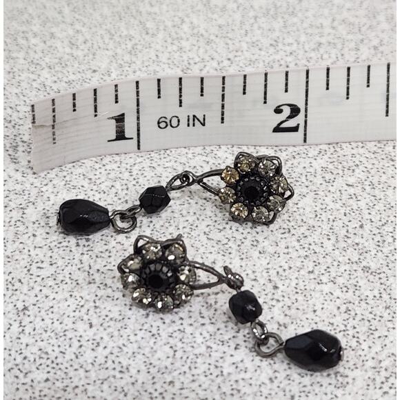 Black And Rhinestones Flower Shape Dangle Stud Earrings 1.5" Long - Picture 3 of 3
